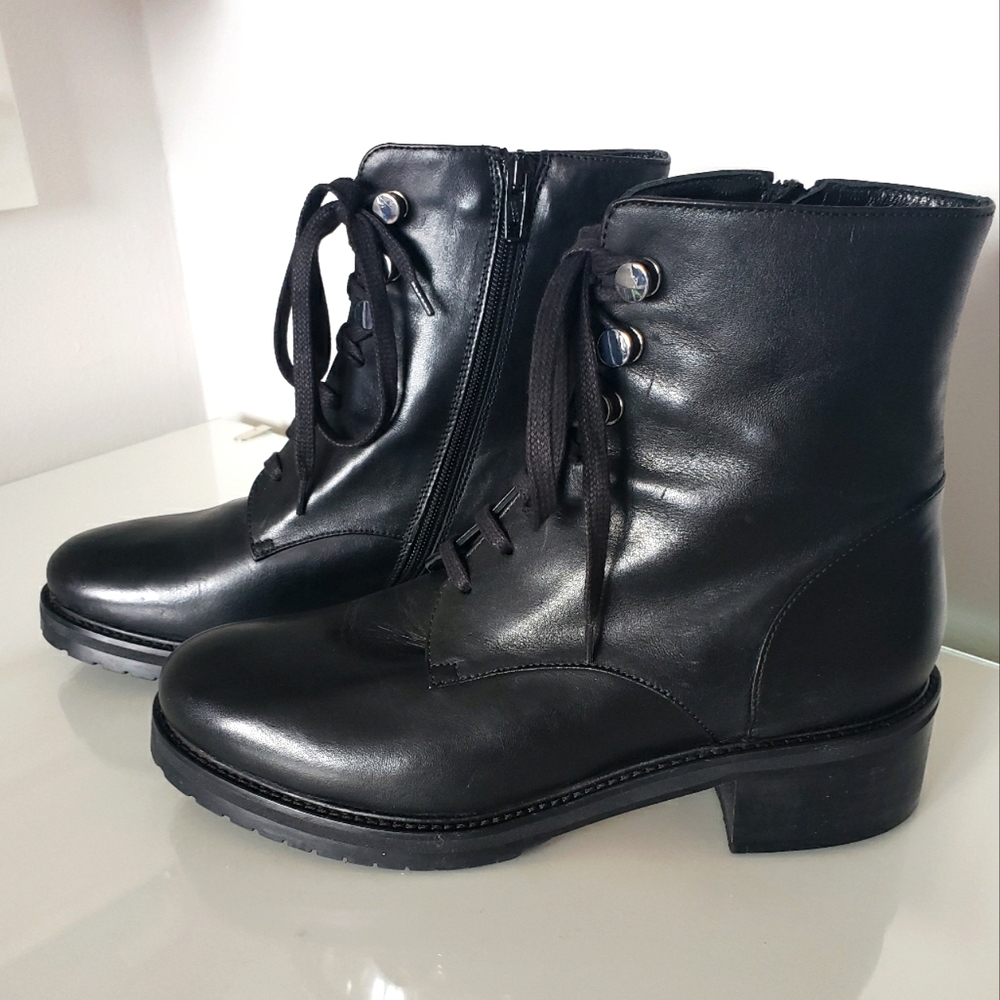 Napoleon Italian Leather Combat Ankle Boot Black Zip Up Lace Up Women S-39 NWOT